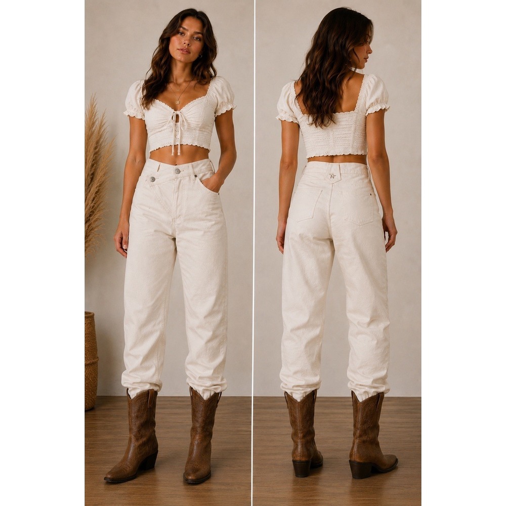 N Thoroughbred Vtg Jeans Sz 13 High Rise Long Tapered Cream Western USA Cowgirl